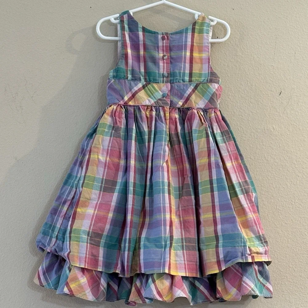 Ralph Lauren Girls Madras Plaid Party Dress Tiered Ruffle Cotton Sz 5